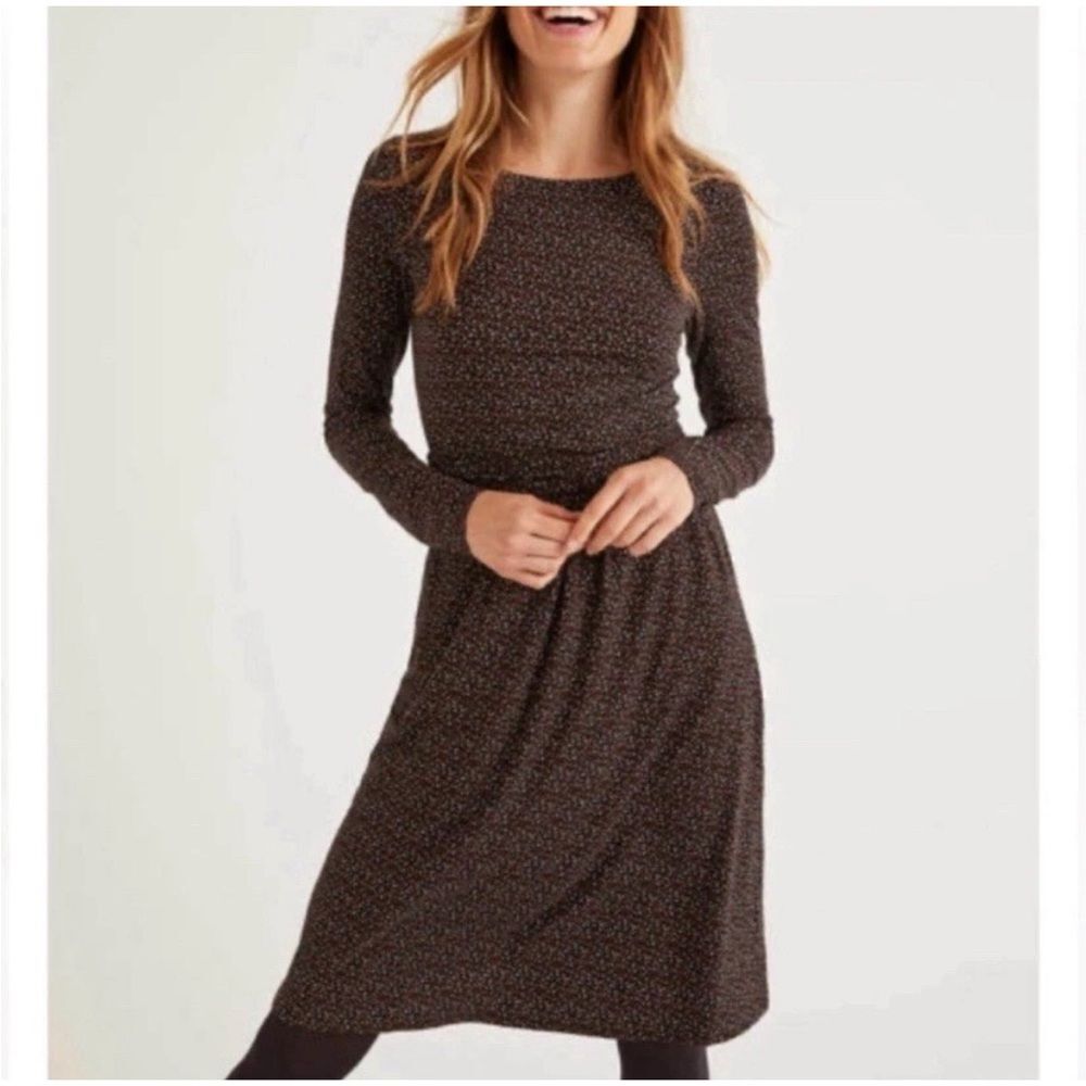 Boden Long Sleeve Midi Dress in Brown with Tiny Cream Dots